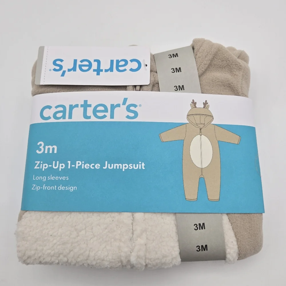 NEW Carters Hooded Sherpa Reindeer Zip Up 1 Piece Jumpsuit Infant Size 3M